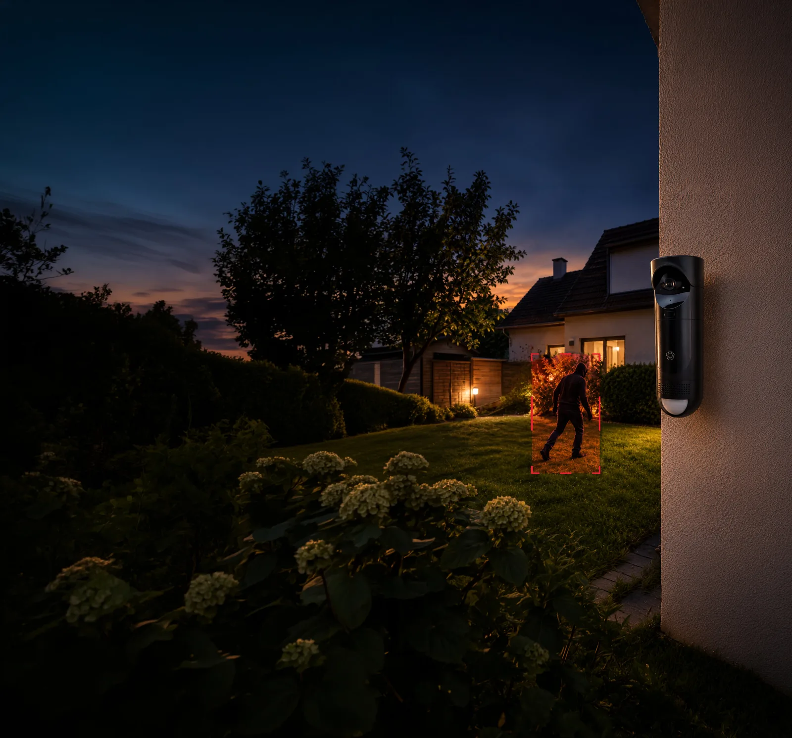 Night residential garden with person detection visual and security camera