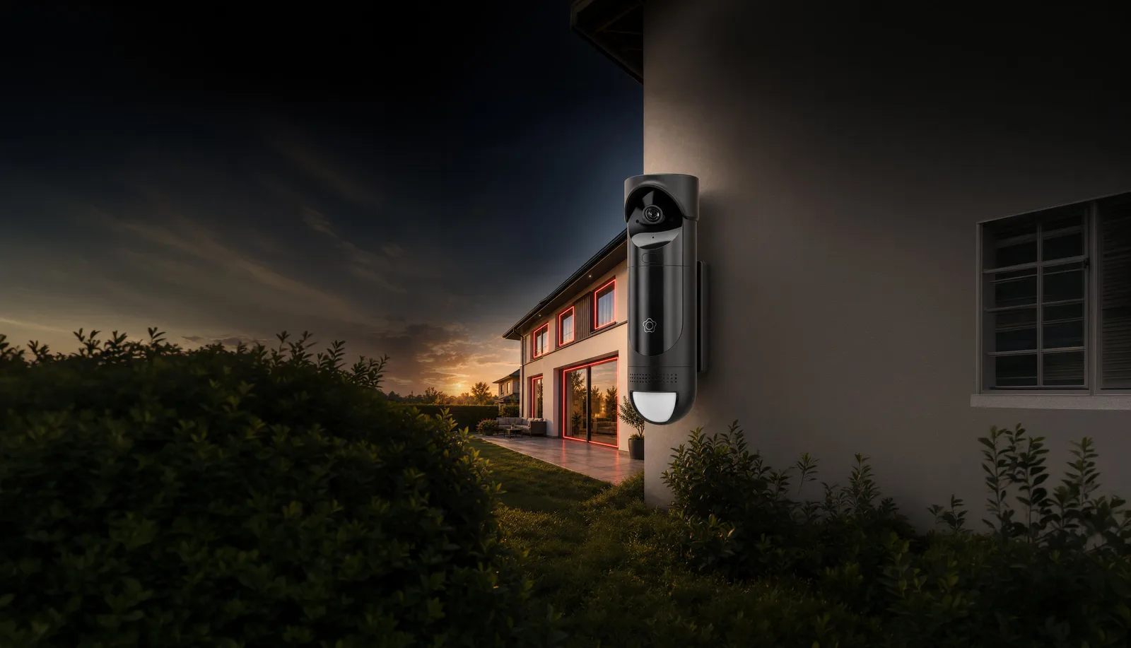 Early exploration showing a security camera and residential perimeter at dusk