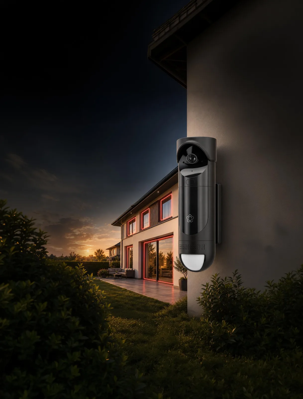 Portrait exploration of a security camera and protected home at sunset