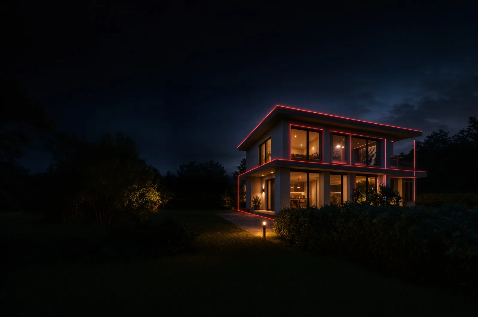 Dark house-first perimeter exploration with red protective lighting
