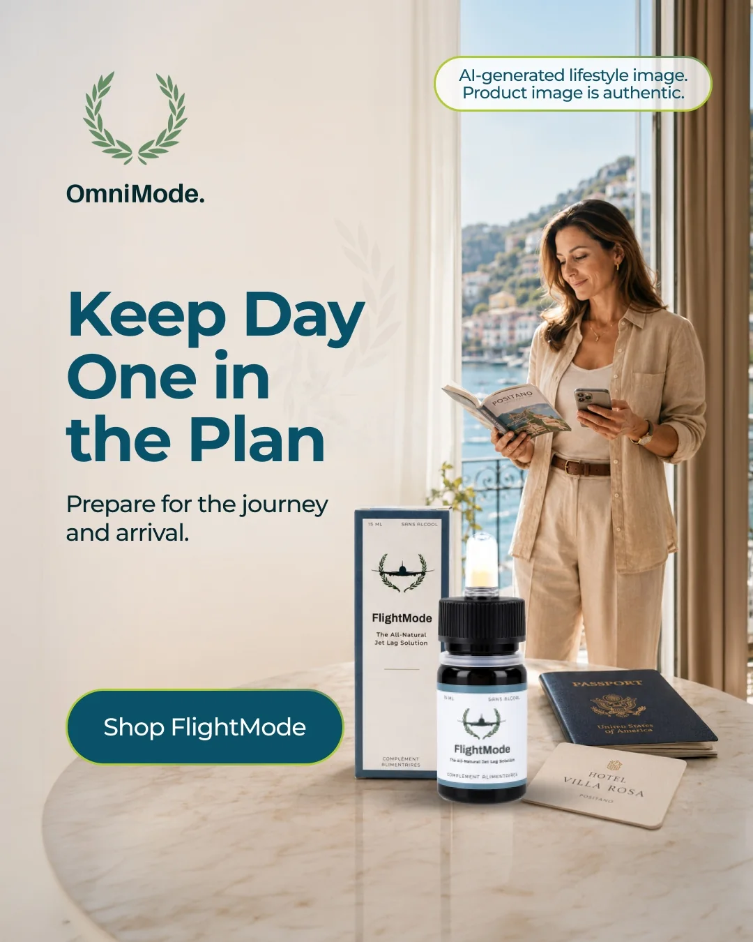 FlightMode campaign creative focused on day-one travel planning